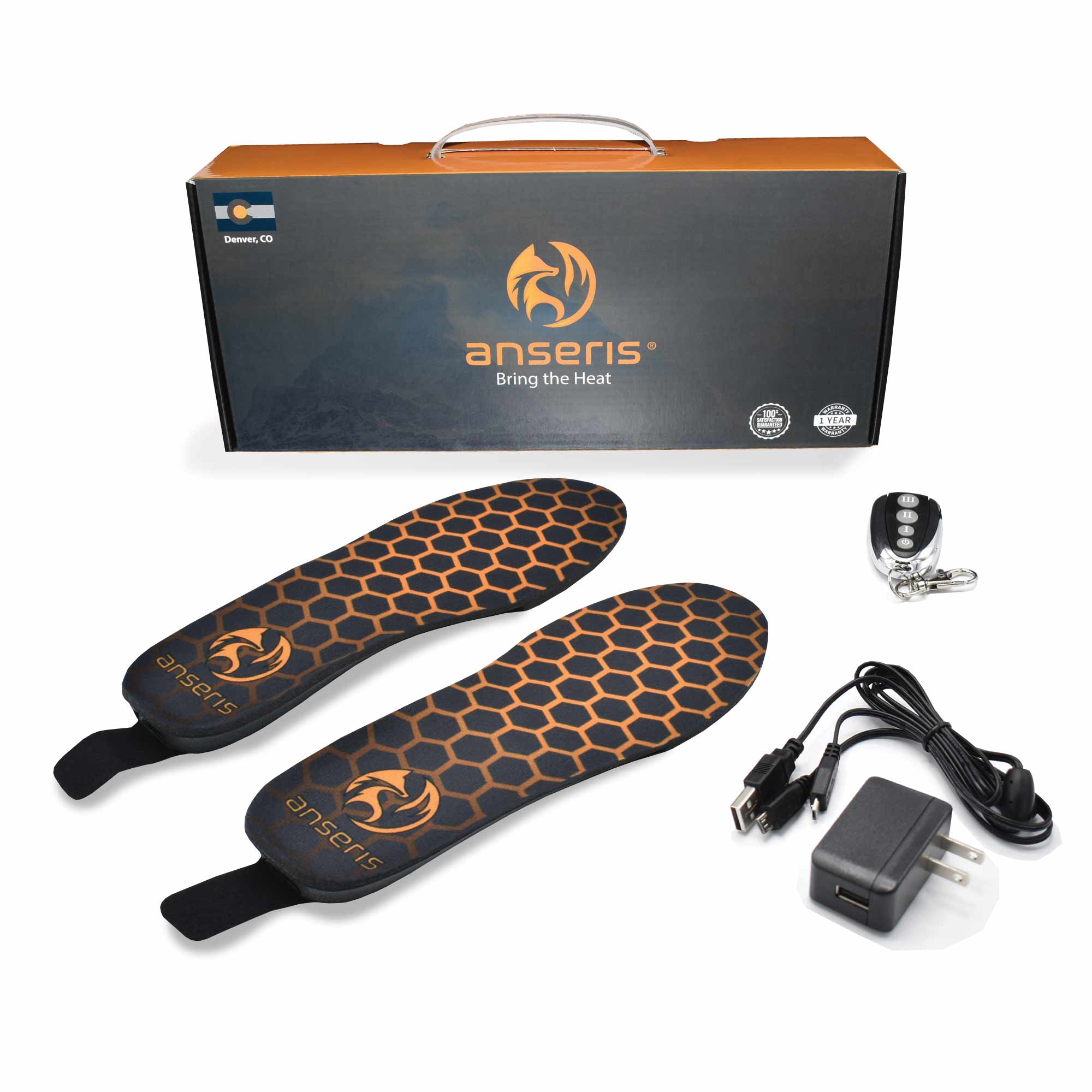 the outrek 2 heated insoles by anseris heated clothing come with one pair of heated insoles, each with a built in battery, one dual charger to charge both batteries at the same time and remote control to adjust the heat setting 