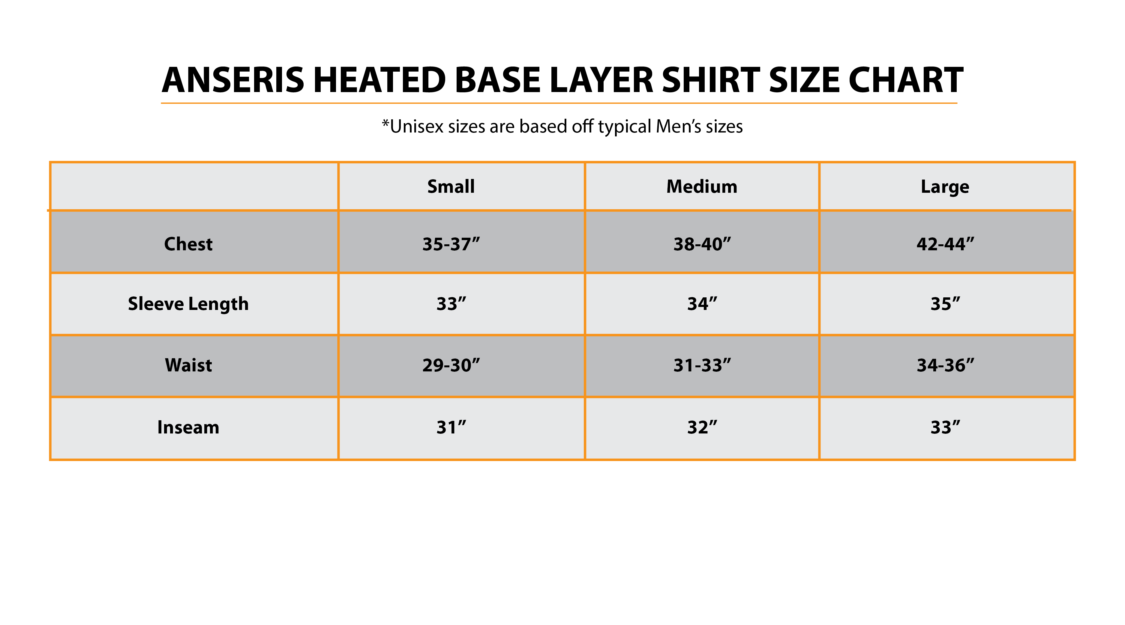 anseris heated base layer shirt size guide