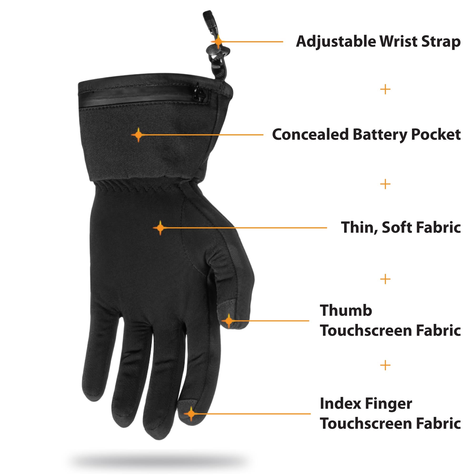 our battery powered heated gloves utilize a thin flexible battery that fits in a hidden pocket to maximize comfort.  thin and soft fabrics are comfortable and touchscreen fabrics on the fingertips make it easy to use your devices.