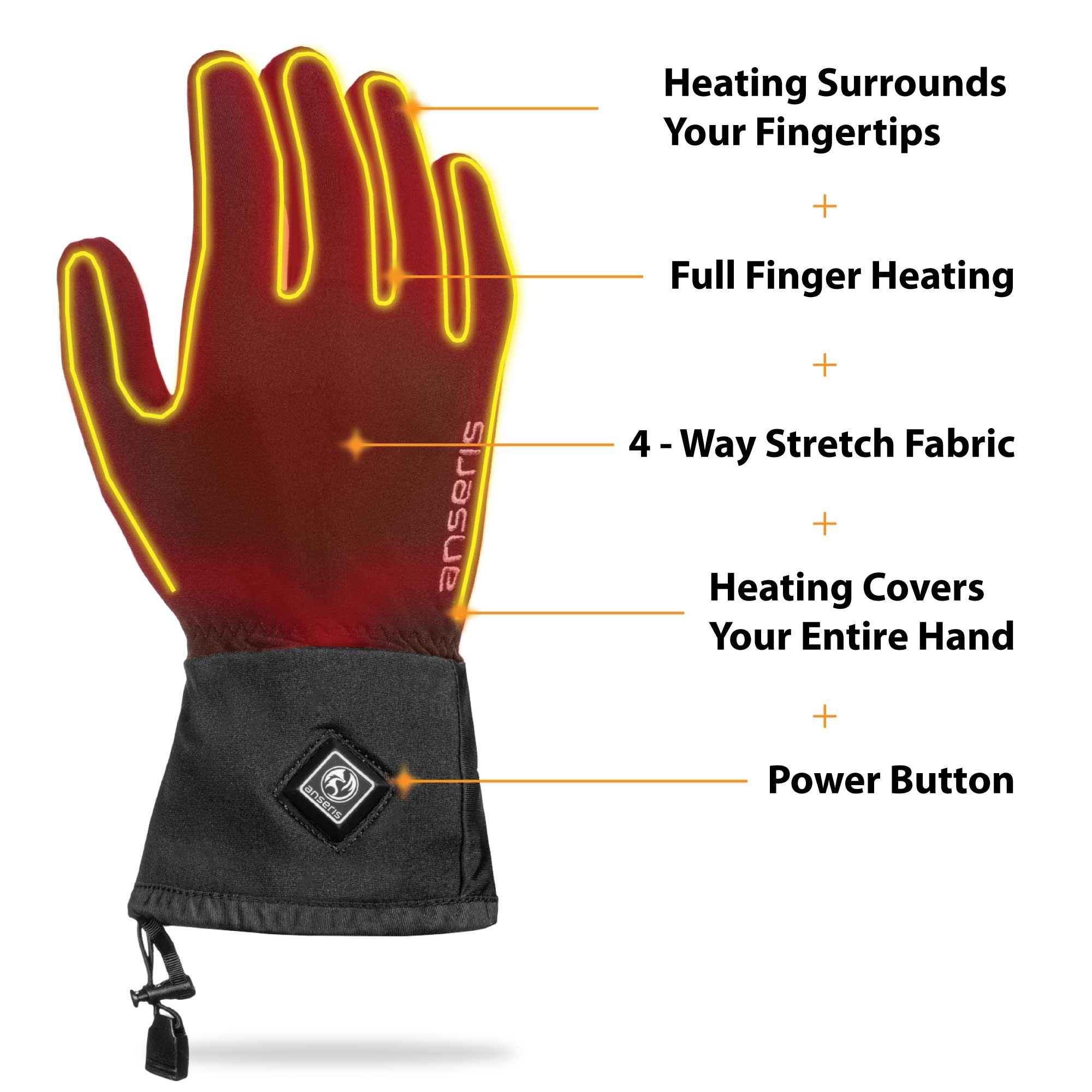 heated gloves feature full finger heating, 4 way stretch fabric a conveniently located power button with heat controls and adjustable wrist straps.
