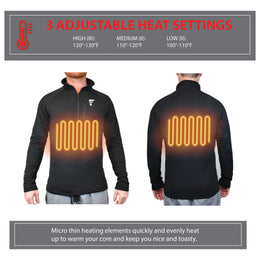 battery powered heated base layer shirt with 2 chest and back heat panels for warmth in the cold winter