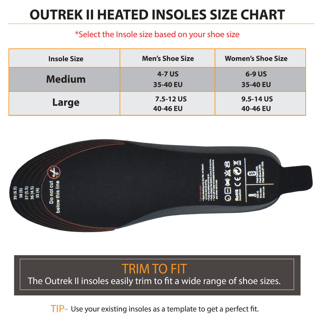 anseris heated insoles formerly torch electrek size chart.  fits men and women shoes or boots, with easy to trim insoles to fit any size