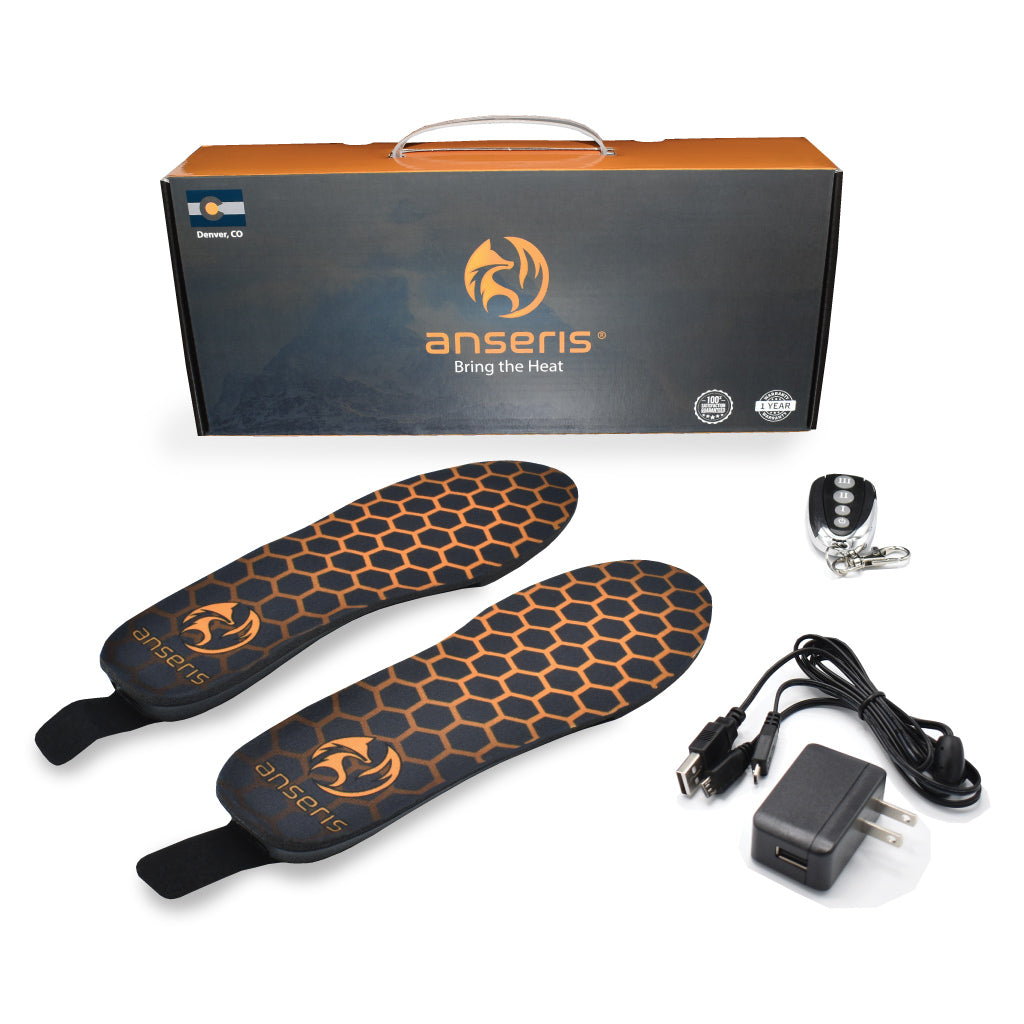the all new battery powered heated insoles by anseris heated clothing have a heat pad in each insole that radiates heat to keep your toes and feet nice and warm even in the coldest winter conditions.