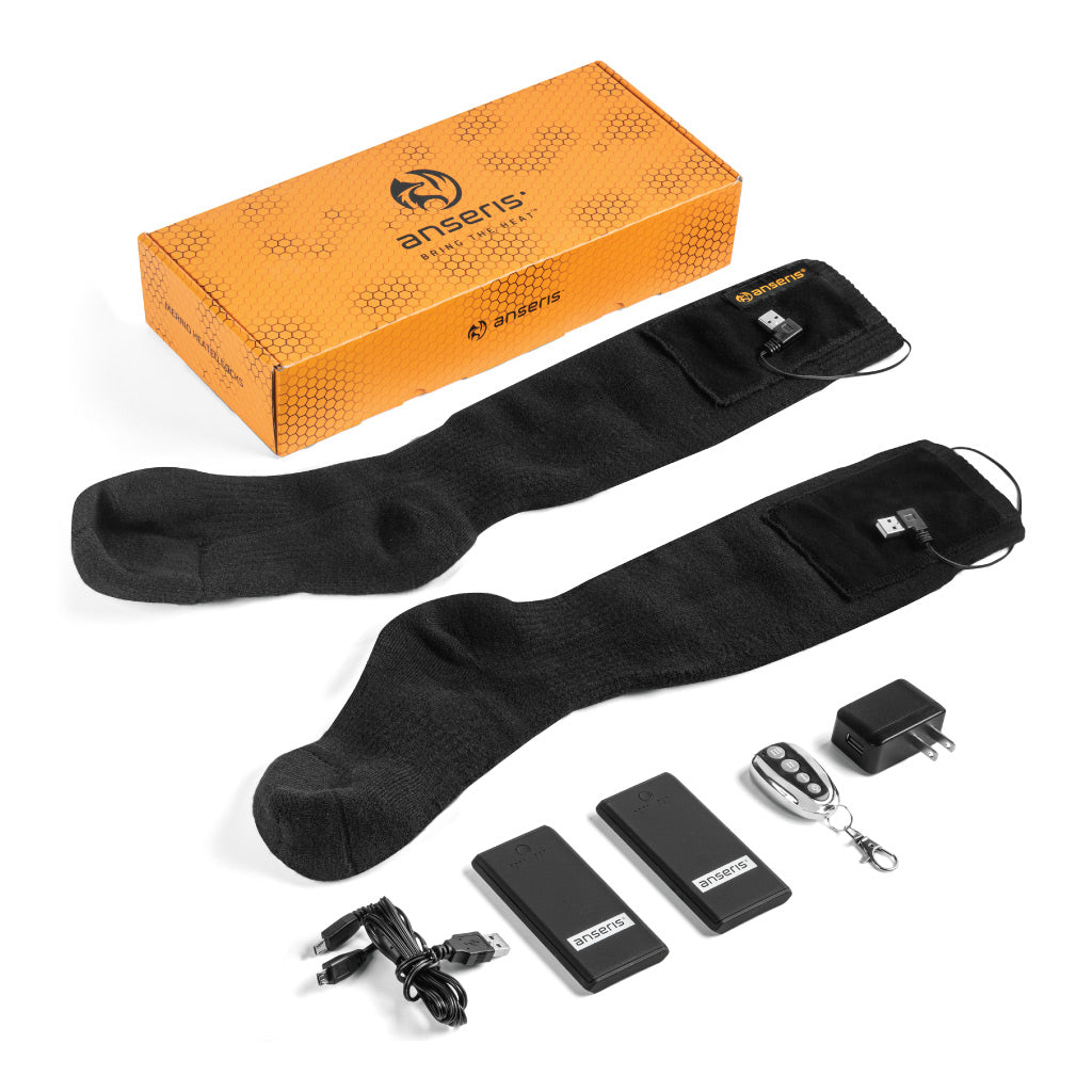 the all new battery powered heated socks by anseris are made of soft, comfortable, moisture wicking natural merino wool